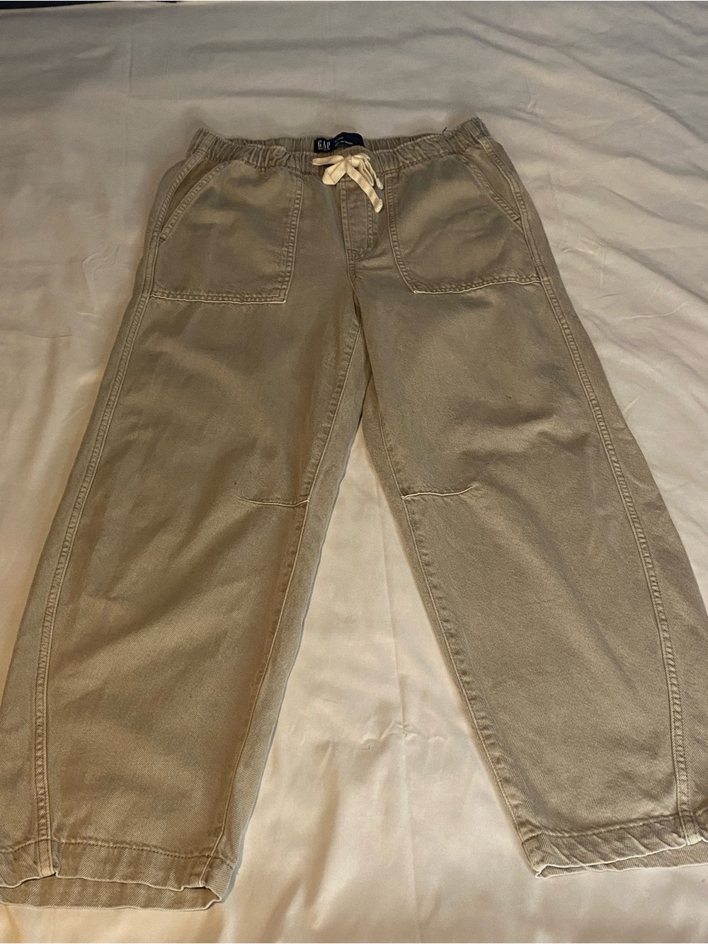 Womans Gap Pants Size M Denim Pull On Barrel Mid-Rise Elastic Waist Khaki Beige